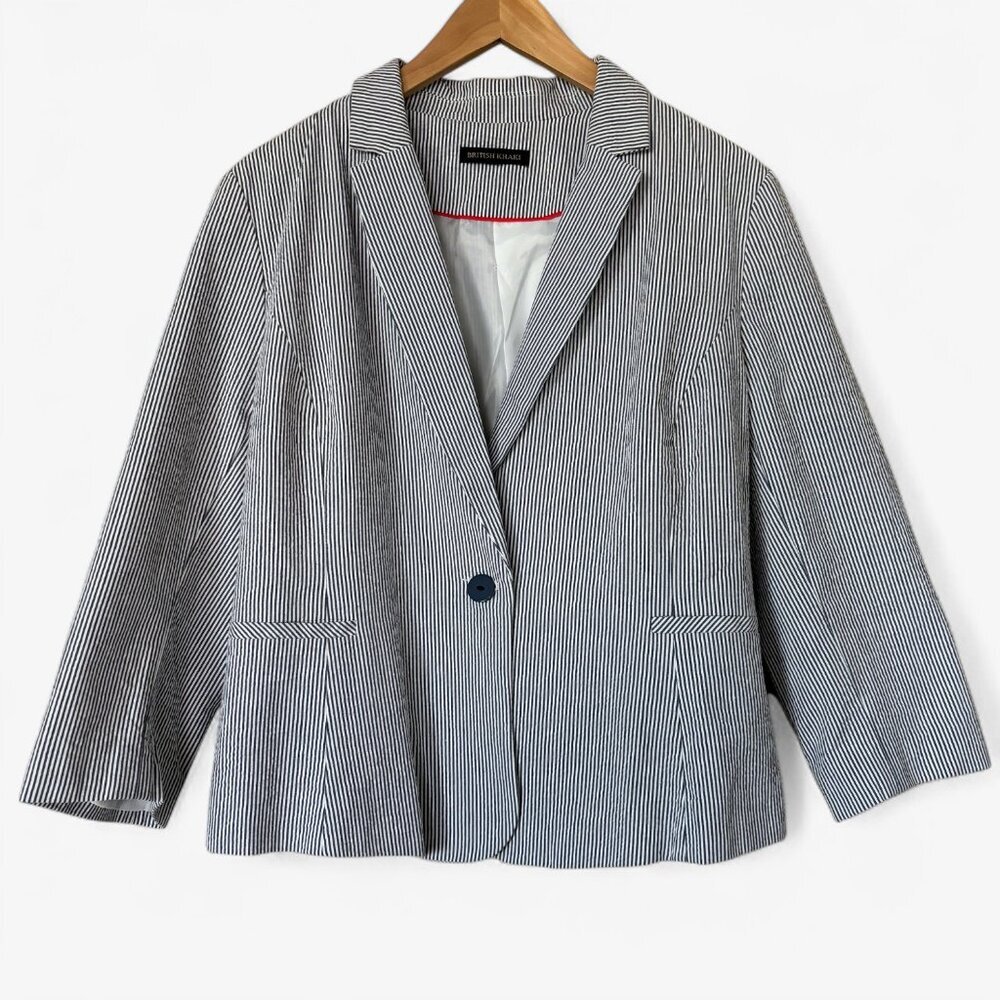 British Khaki Navy White Striped Cotton Seersucker Blazer Preppy Womens Small